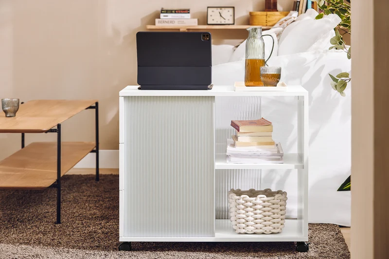 SoBuy FBT141-W Mesa Auxiliar Mesa de Centro con 2 Puertas y 3 Cajones Blanco