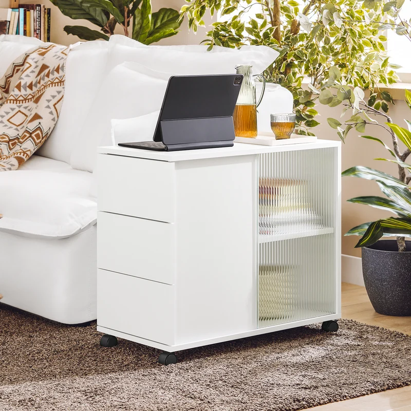 SoBuy FBT141-W Mesa Auxiliar Mesa de Centro con 2 Puertas y 3 Cajones Blanco