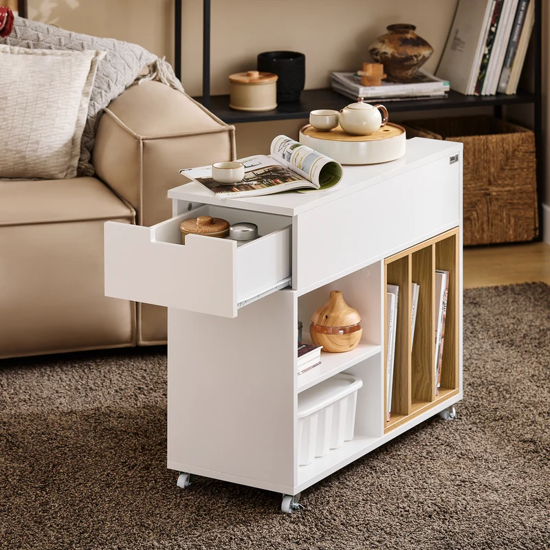 SoBuy FBT134-W Mesa Auxiliar con 1 Cajón y 2 Compartimentos 70 x 30 x 61 cm