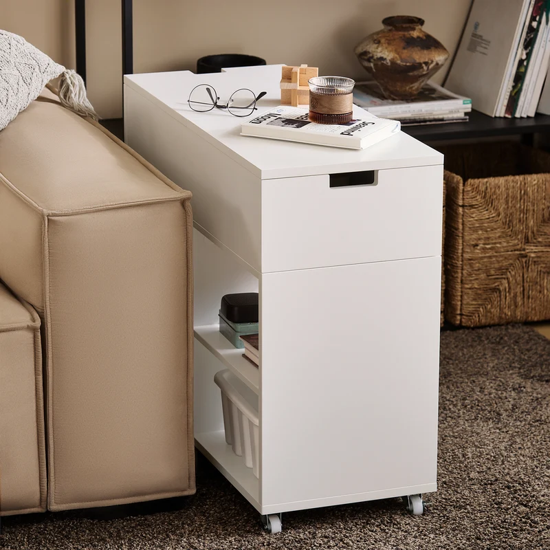 SoBuy FBT134-W Mesa Auxiliar con 1 Cajón y 2 Compartimentos 70 x 30 x 61 cm