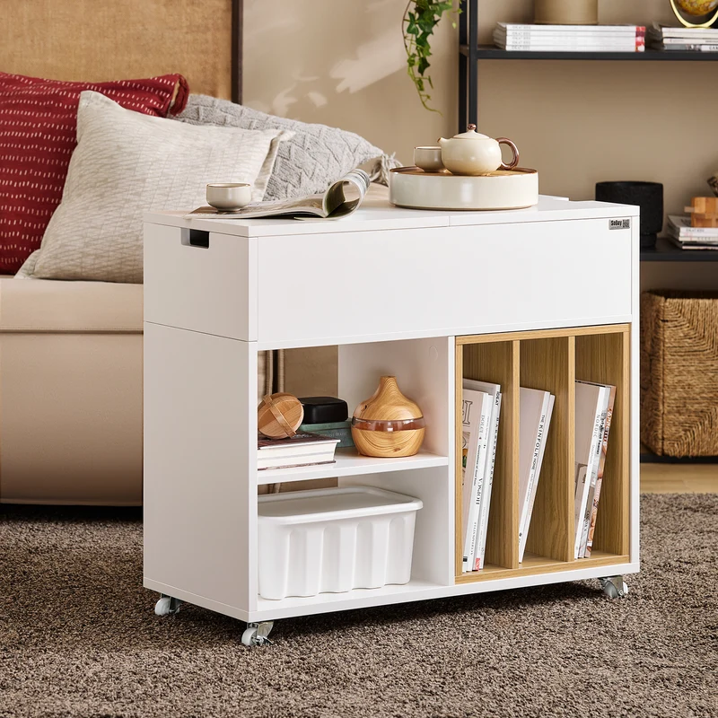 SoBuy FBT134-W Mesa Auxiliar con 1 Cajón y 2 Compartimentos 70 x 30 x 61 cm