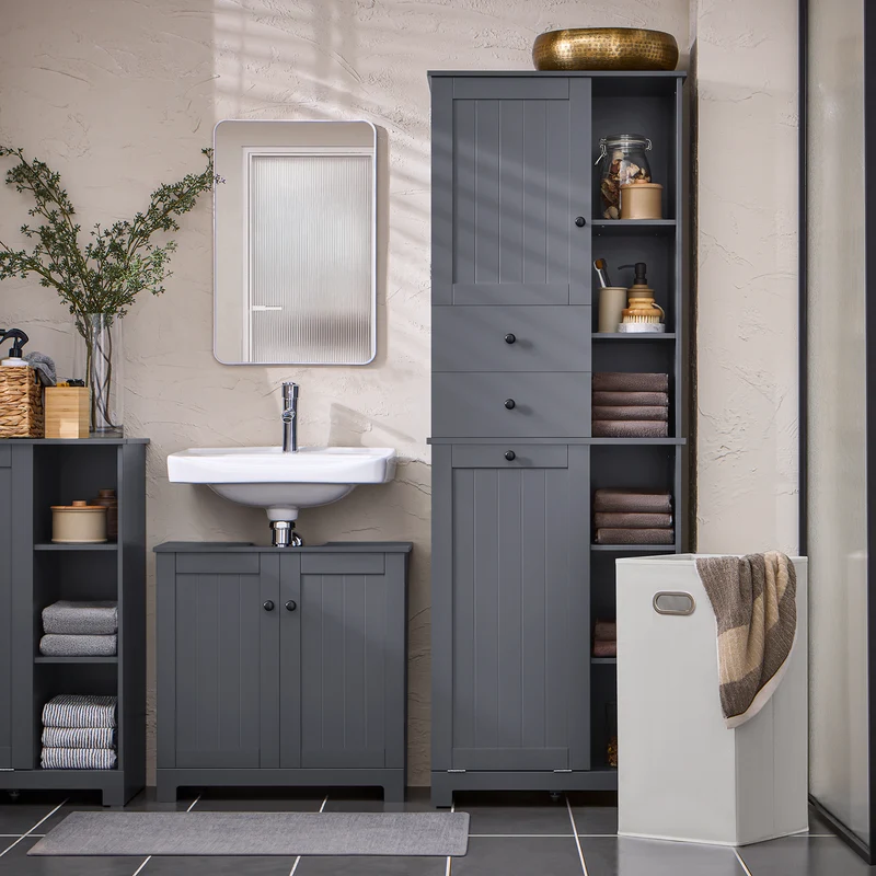 SoBuy BZR104-DG Armario Alto de Baño con cesto de ropa 6 Estantes y 2 Cajones Gris