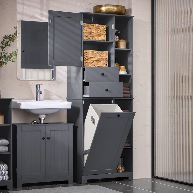 SoBuy BZR104-DG Armario Alto de Baño con cesto de ropa 6 Estantes y 2 Cajones Gris
