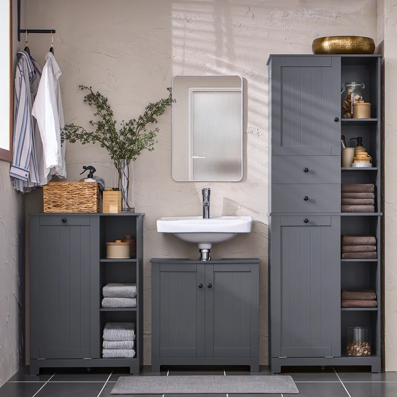 SoBuy BZR104-DG Armario Alto de Baño con cesto de ropa 6 Estantes y 2 Cajones Gris