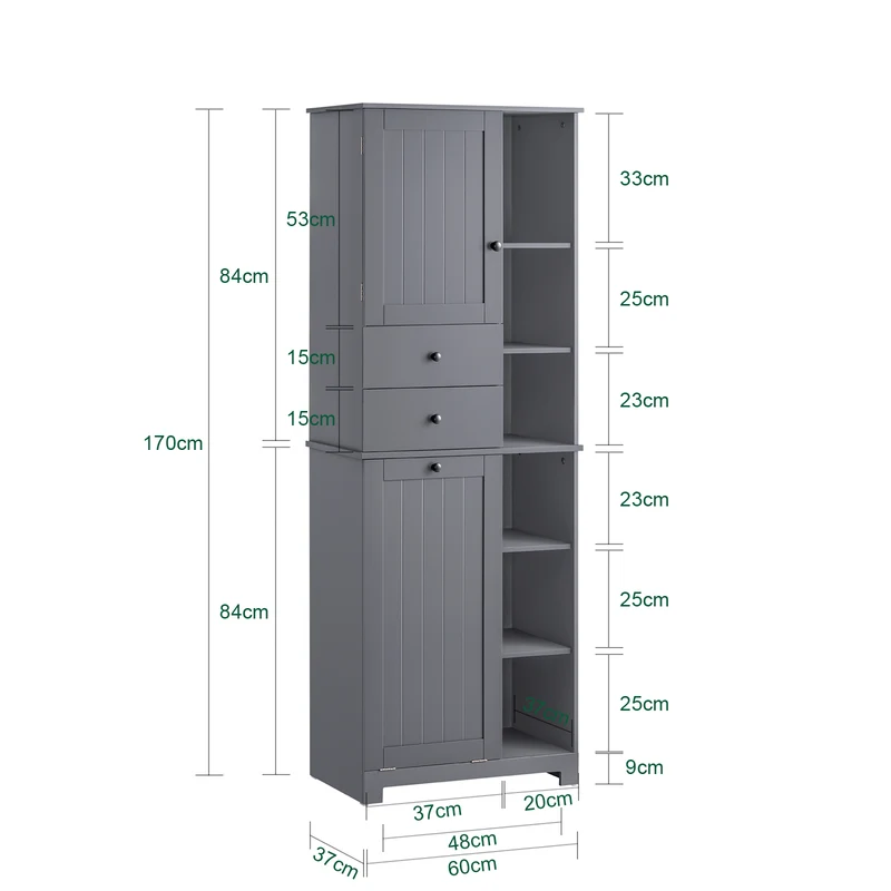 SoBuy BZR104-DG Armario Alto de Baño con cesto de ropa 6 Estantes y 2 Cajones Gris