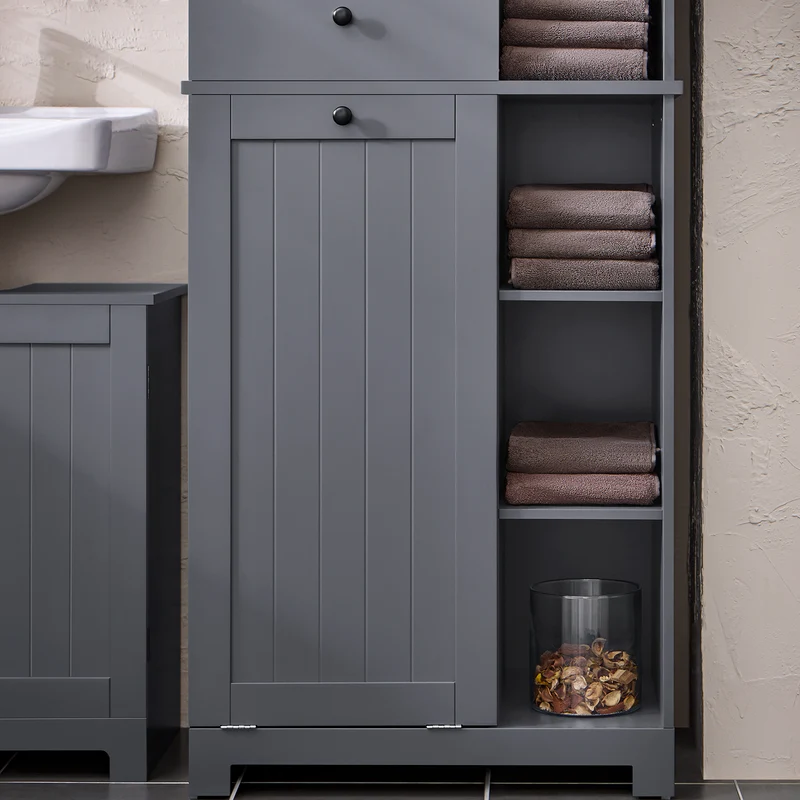SoBuy BZR104-DG Armario Alto de Baño con cesto de ropa 6 Estantes y 2 Cajones Gris