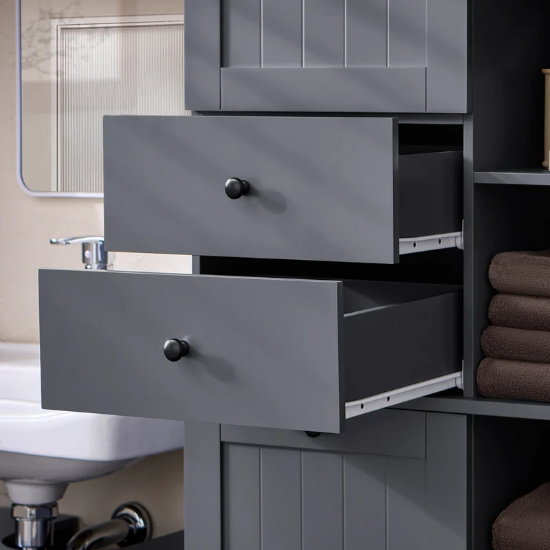 SoBuy BZR104-DG Armario Alto de Baño con cesto de ropa 6 Estantes y 2 Cajones Gris
