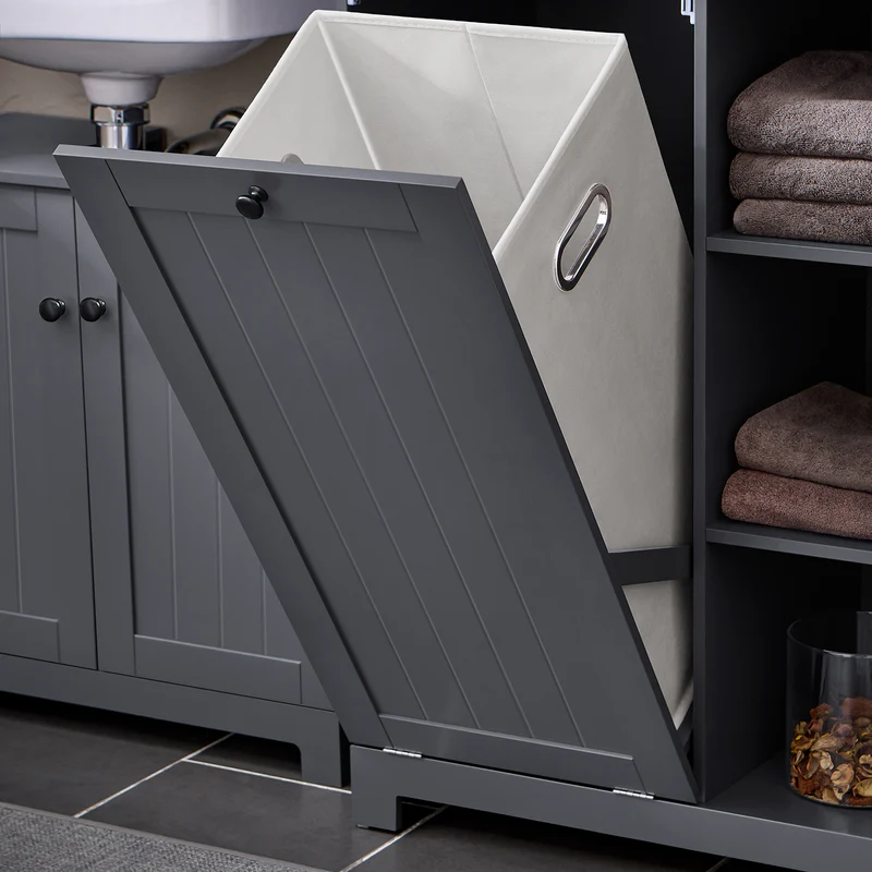 SoBuy BZR104-DG Armario Alto de Baño con cesto de ropa 6 Estantes y 2 Cajones Gris