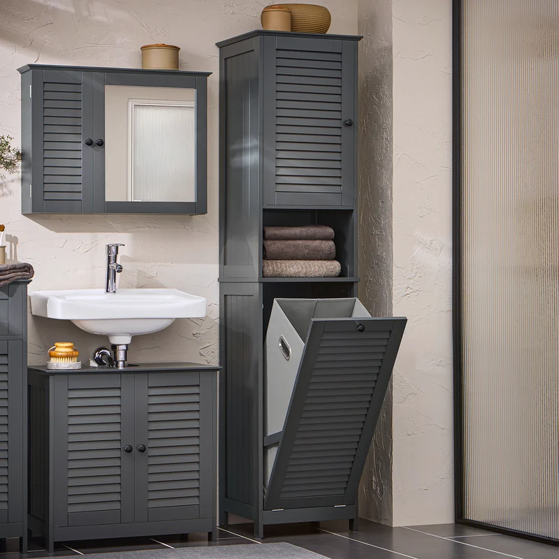 SoBuy BZR124-DG Mueble Columna de Baño con 1 Cesto para Ropa Sucia Gris Oscuro