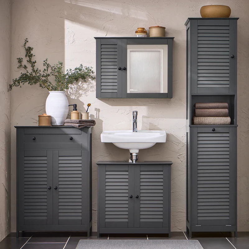 SoBuy BZR124-DG Mueble Columna de Baño con 1 Cesto para Ropa Sucia Gris Oscuro