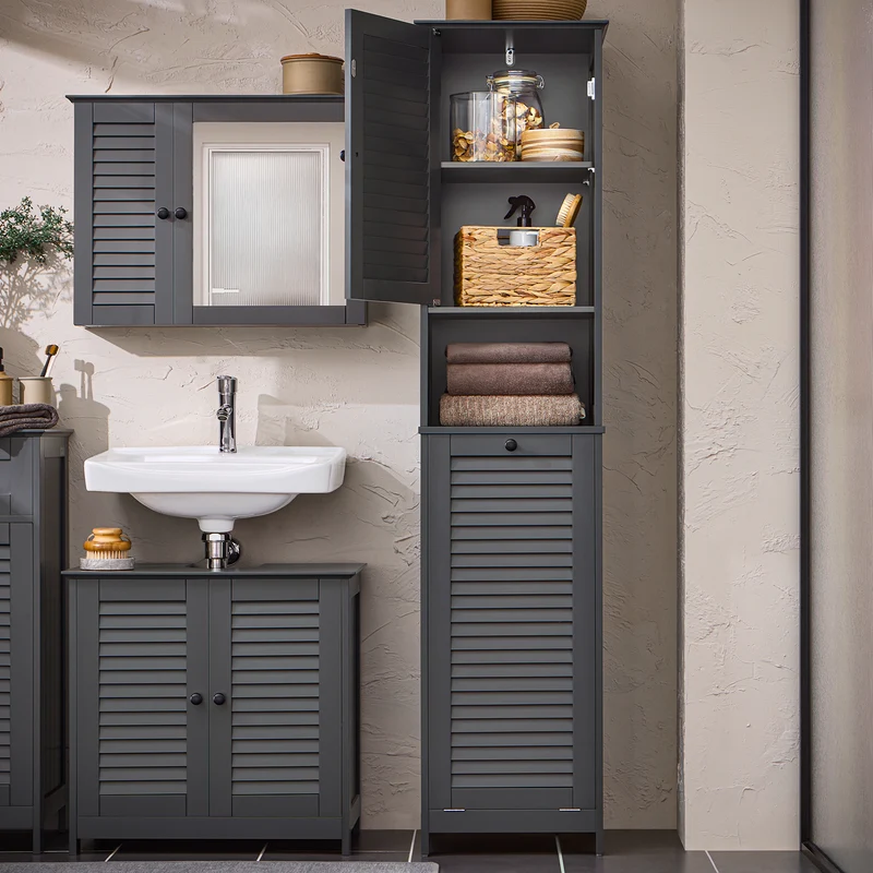 SoBuy BZR124-DG Mueble Columna de Baño con 1 Cesto para Ropa Sucia Gris Oscuro