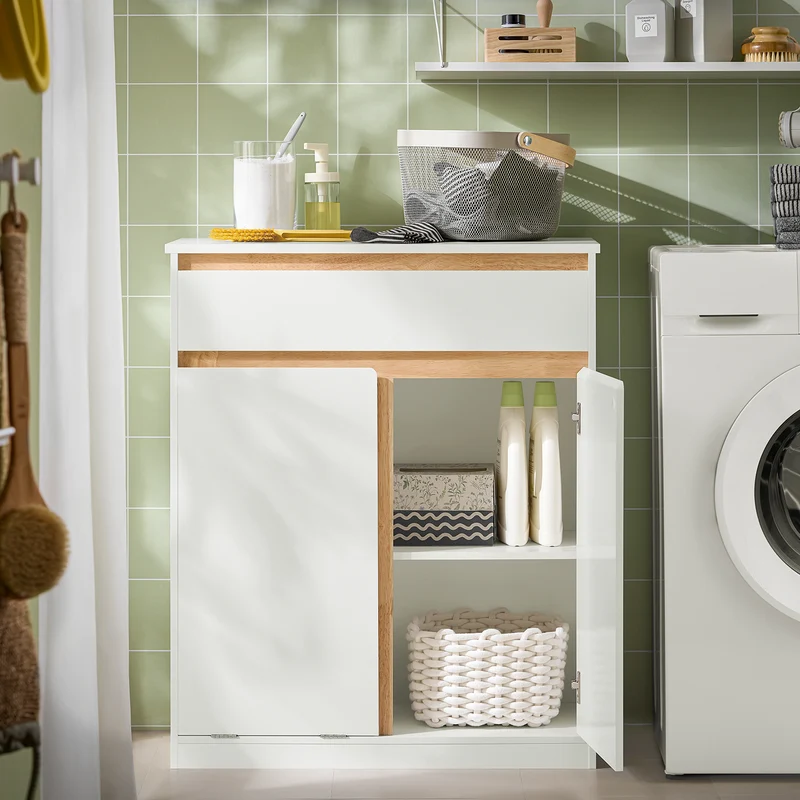 SoBuy BZR79-W Armario de Baño con Cesto para ropa Sucia Blanco