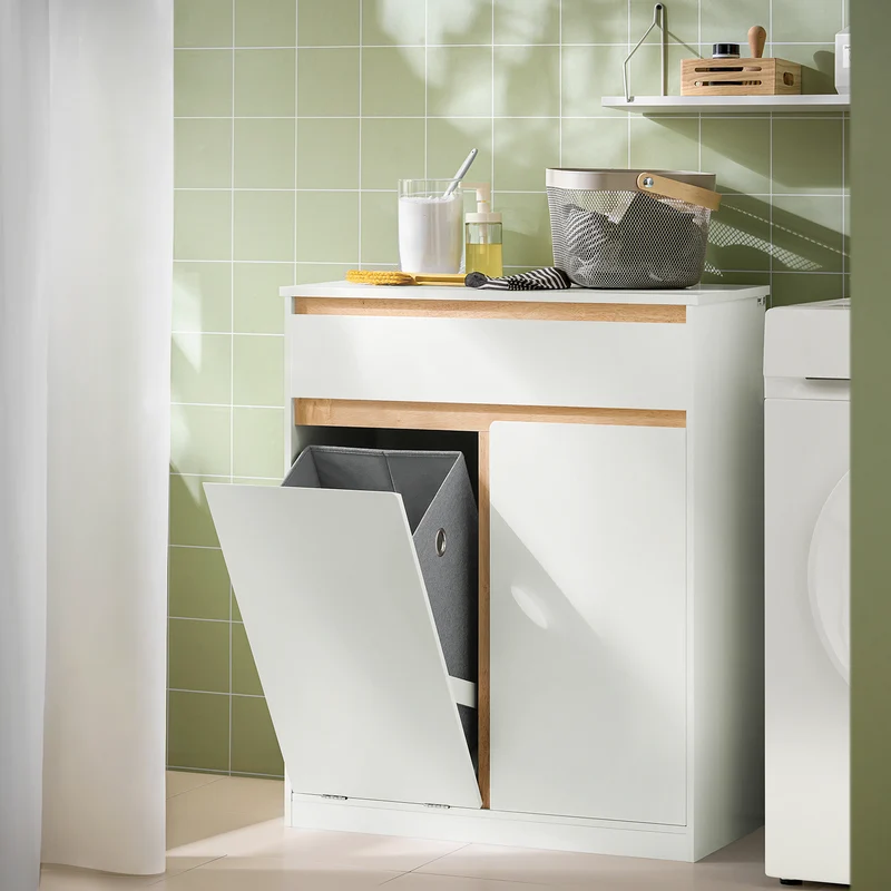 SoBuy BZR79-W Armario de Baño con Cesto para ropa Sucia Blanco