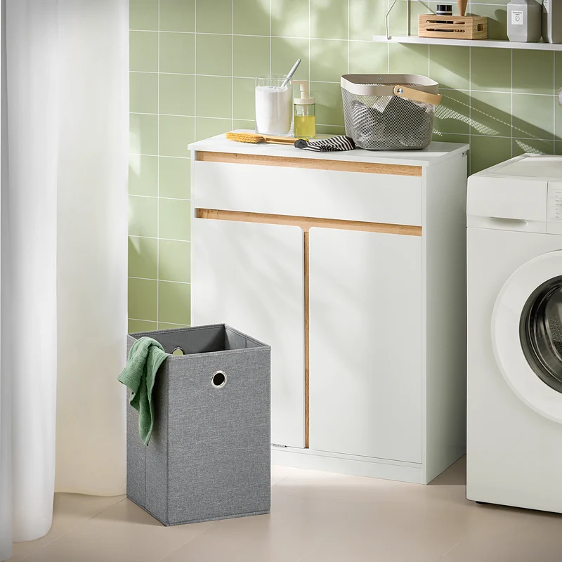 SoBuy BZR79-W Armario de Baño con Cesto para ropa Sucia Blanco