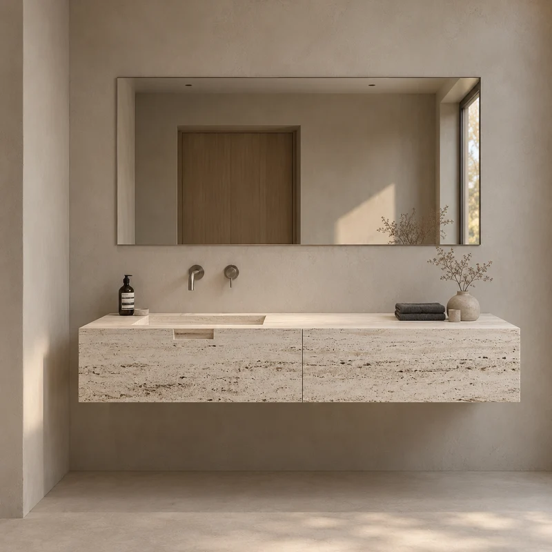 Mueble lavabo Loudun - Travertino blanco - Lavabo simple - 170 cm