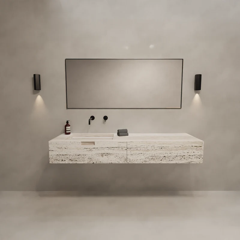 Mueble lavabo Loudun - Travertino blanco - Lavabo simple - 170 cm