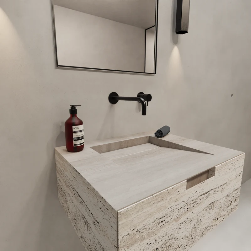 Mueble de baño Loudun - Lavabo simple - Travertino blanco - 80 cm