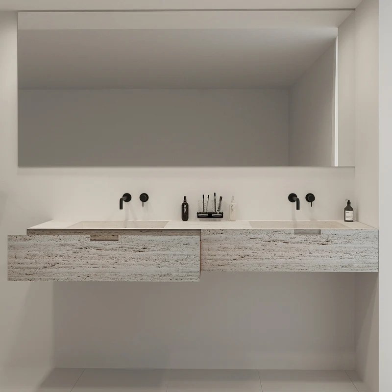 Mueble de baño Loudun con lavabo doble - Travertino blanco - 210 cm