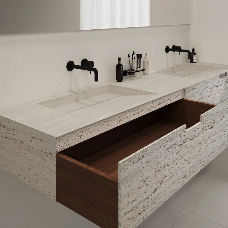 Mueble de baño Loudun con lavabo doble - Travertino blanco - 210 cm