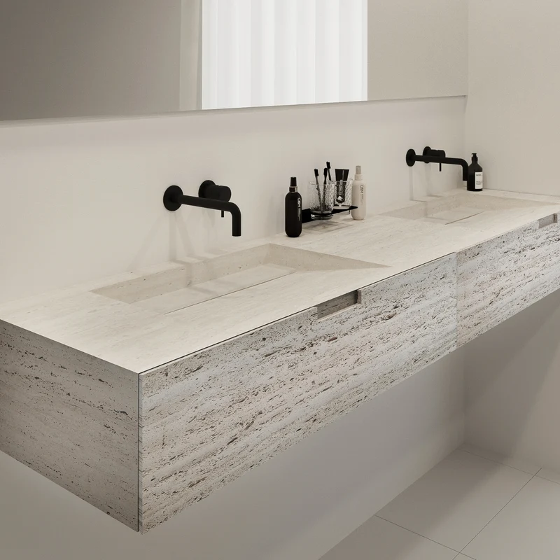 Mueble de baño Loudun con lavabo doble - Travertino blanco - 210 cm