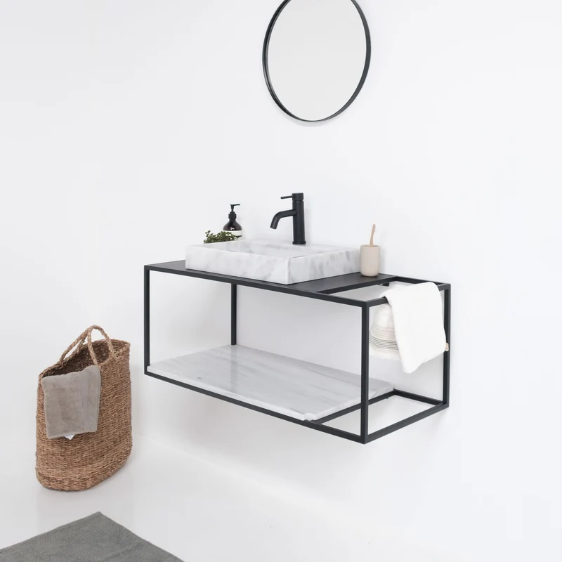 Mueble de baño Elisa Negro - Lavabo de Mármol George Blanco - Sin remolque