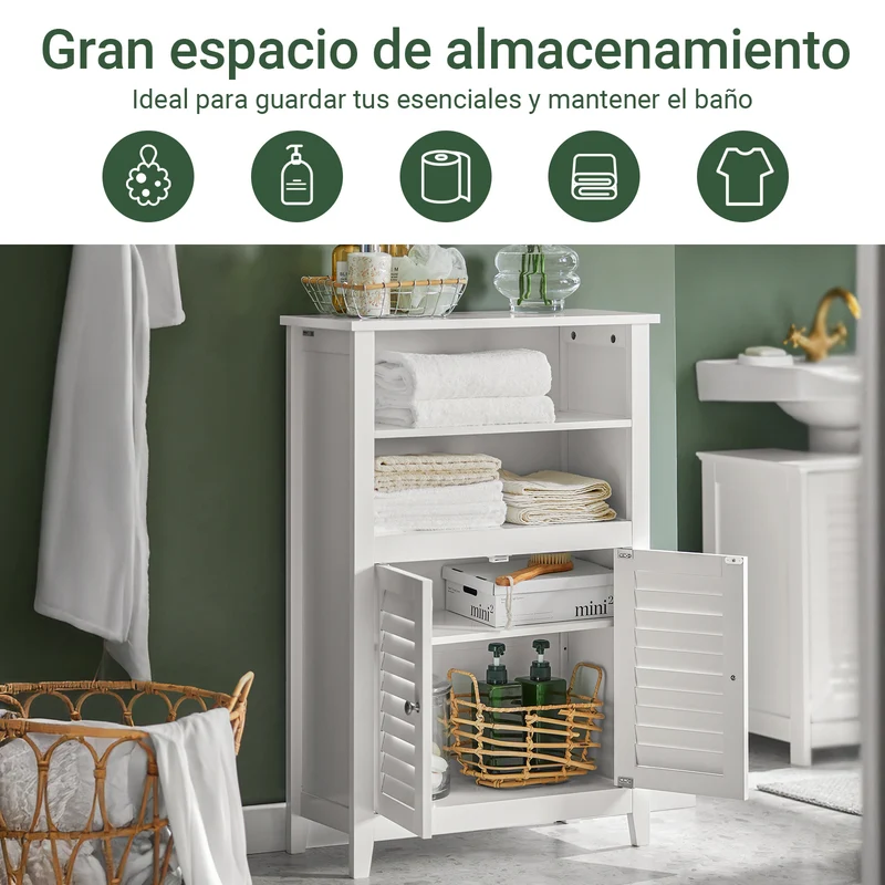 SoBuy BZR13-W Mueble Auxiliar para Baño con 2 estantes y 2 Puertas Blanco