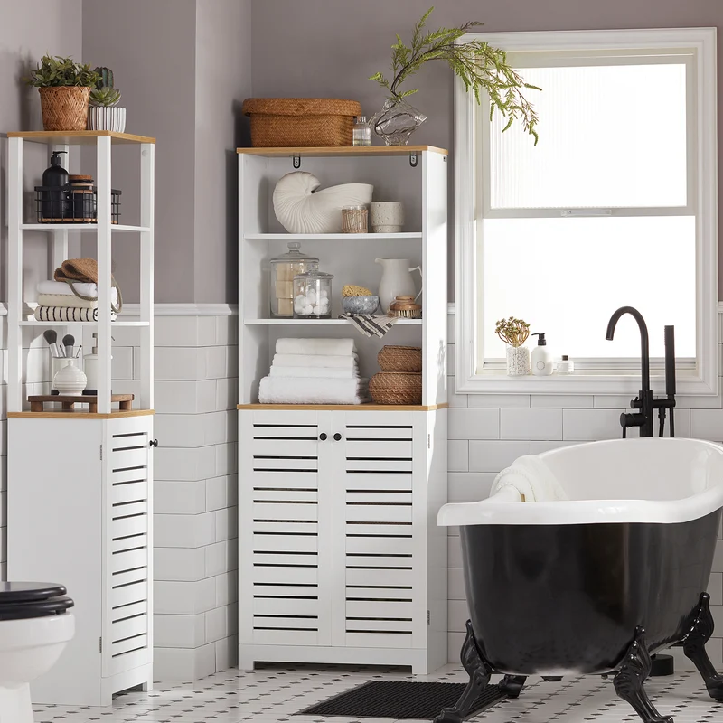 SoBuy BZR44-W Mueble Columna de Baño con 5 Estantes y 2 Puertas Blanco