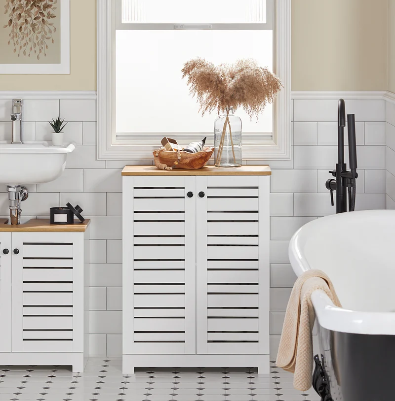 SoBuy BZR41-W Mueble Auxiliar para Baño con 2 Estantes y 2 Puertas Blanco