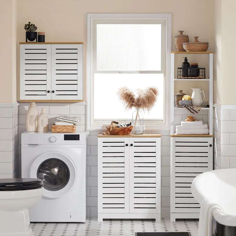 SoBuy BZR41-W Mueble Auxiliar para Baño con 2 Estantes y 2 Puertas Blanco