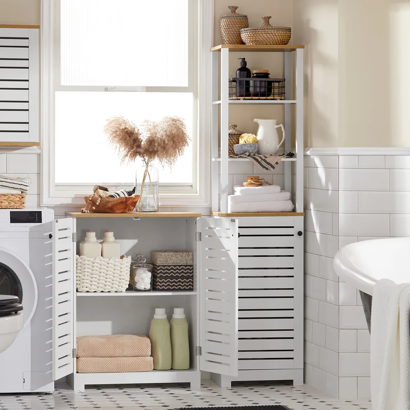 SoBuy BZR41-W Mueble Auxiliar para Baño con 2 Estantes y 2 Puertas Blanco