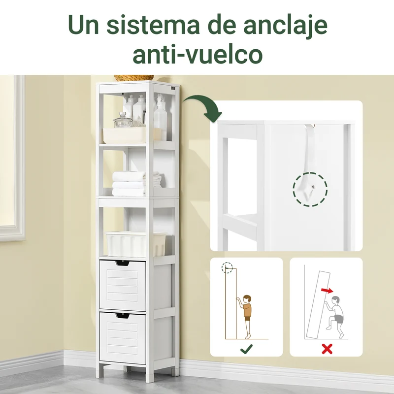 SoBuy FRG126-W Armario alto de Baño con 3 Estantes y 2 cajones Blanco