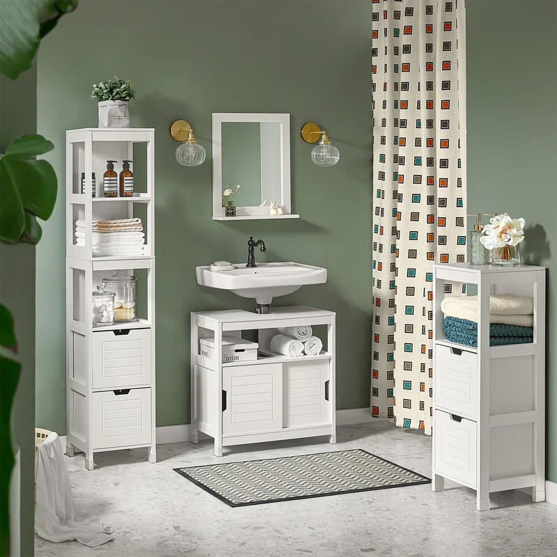 SoBuy FRG126-W Armario alto de Baño con 3 Estantes y 2 cajones Blanco