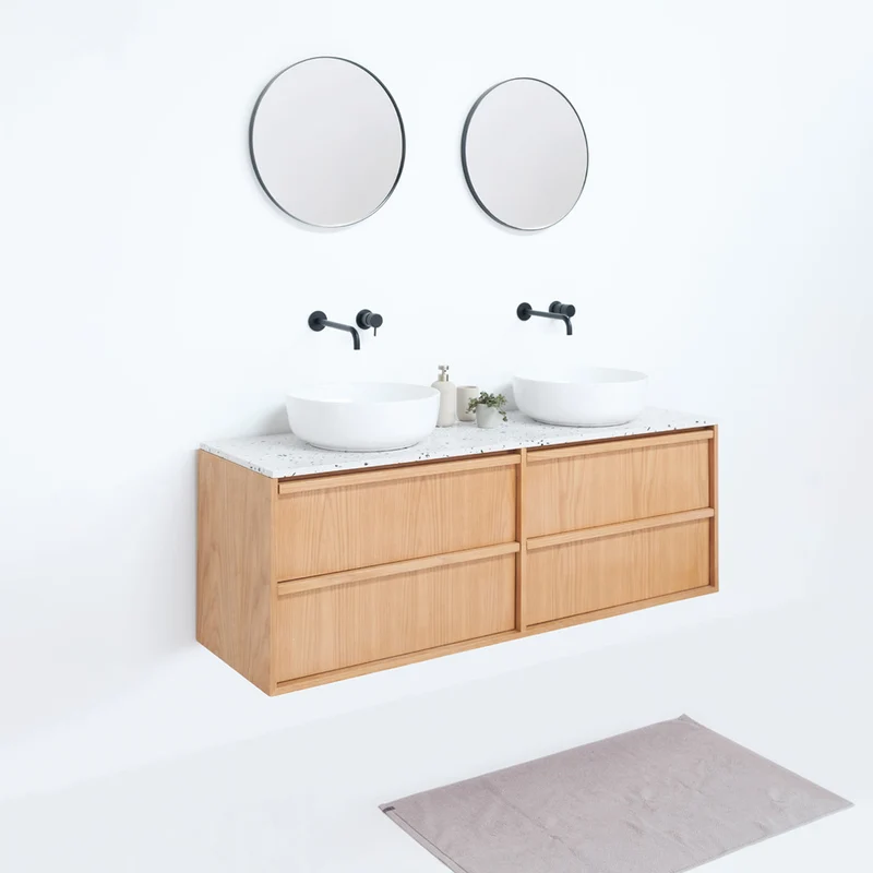 Mueble de baño Roble Fien - Alexis II - Placa superior de terrazo blanco - 150 cm