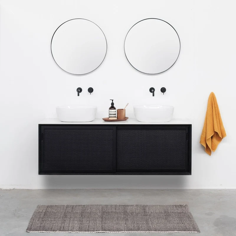 Mueble lavabo Ratán Negro - Nestor - Cerámica Blanca - Alexis V (150 cm)