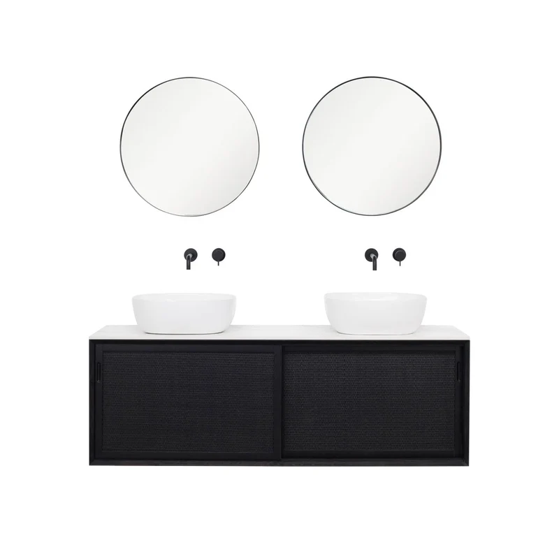 Mueble lavabo Ratán Negro - Nestor - Cerámica Blanca - Alexis V (150 cm)