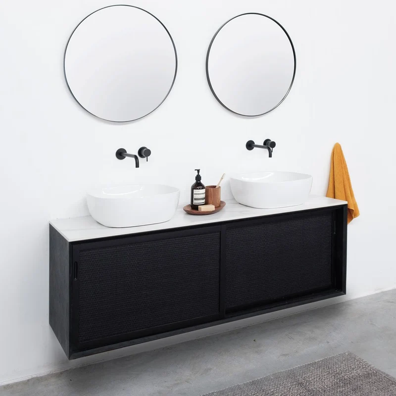 Mueble lavabo Ratán Negro - Nestor - Cerámica Blanca - Alexis V (150 cm)