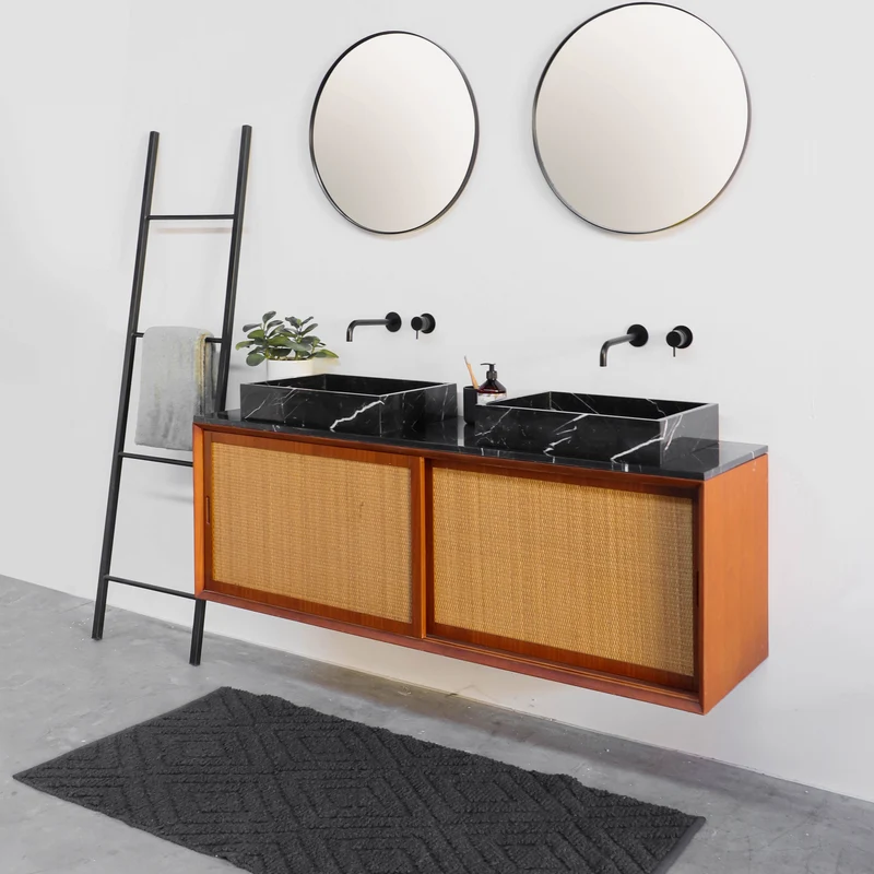 Mueble de baño vintage - Lavabo de Mármol Negro - Teca-Ratán (150 cm) - Nestor