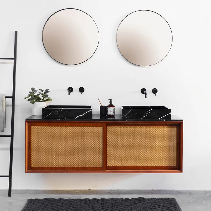 Mueble de baño vintage - Lavabo de Mármol Negro - Teca-Ratán (150 cm) - Nestor
