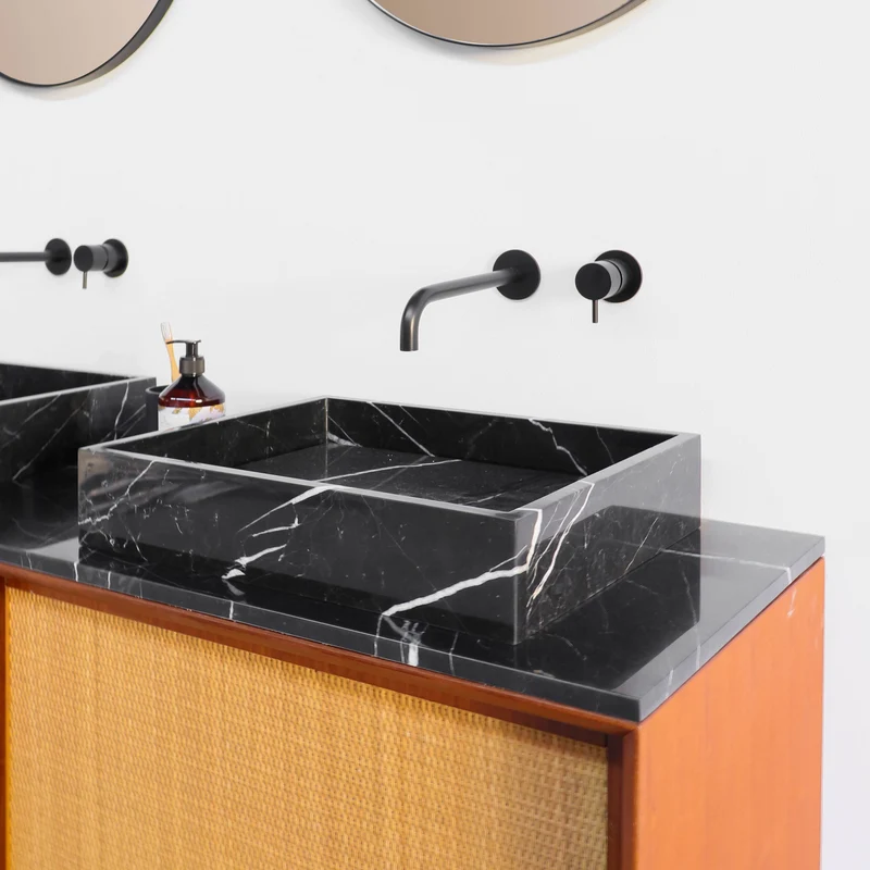 Mueble de baño vintage - Lavabo de Mármol Negro - Teca-Ratán (150 cm) - Nestor