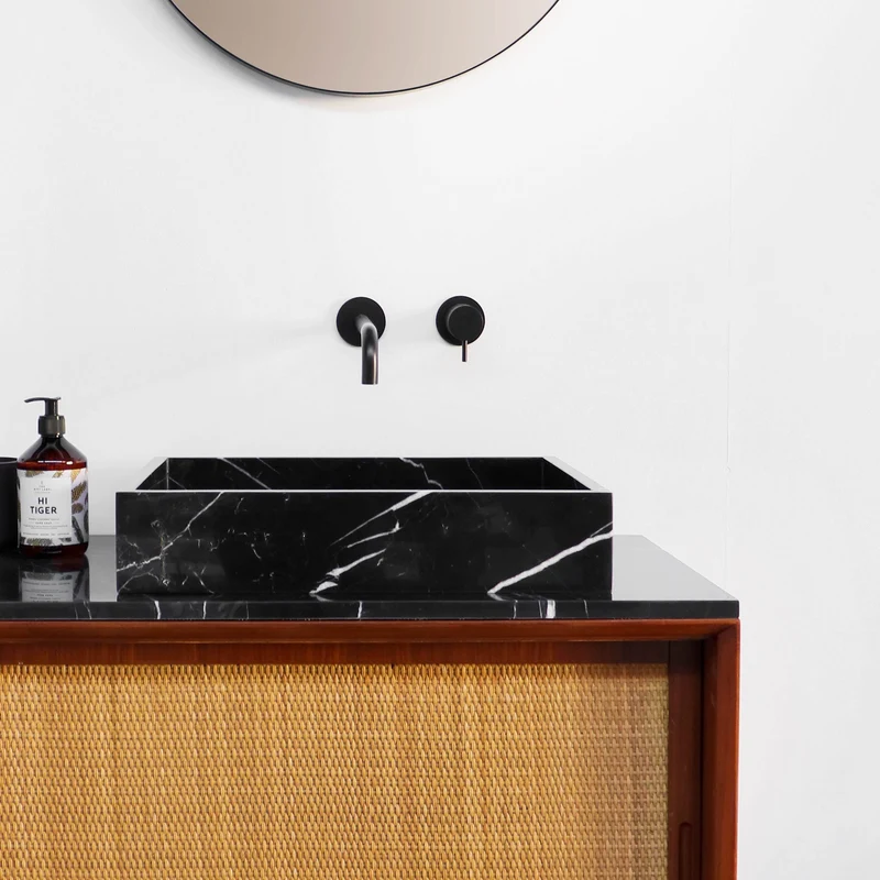 Mueble de baño vintage - Lavabo de Mármol Negro - Teca-Ratán (150 cm) - Nestor