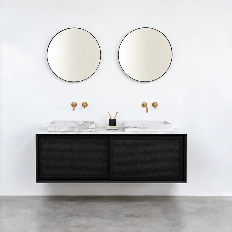 Mueble de baño vintage - Lavabo de Mármol Blanco - Carrizo Negro (150 cm) - Nestor