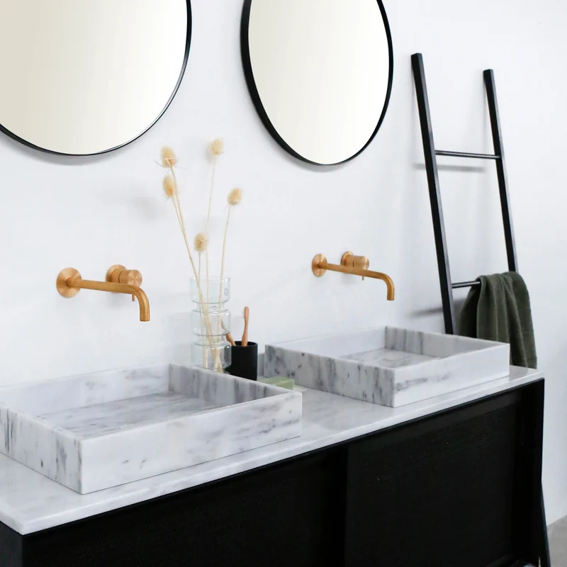 Mueble de baño vintage - Lavabo de Mármol Blanco - Carrizo Negro (150 cm) - Nestor