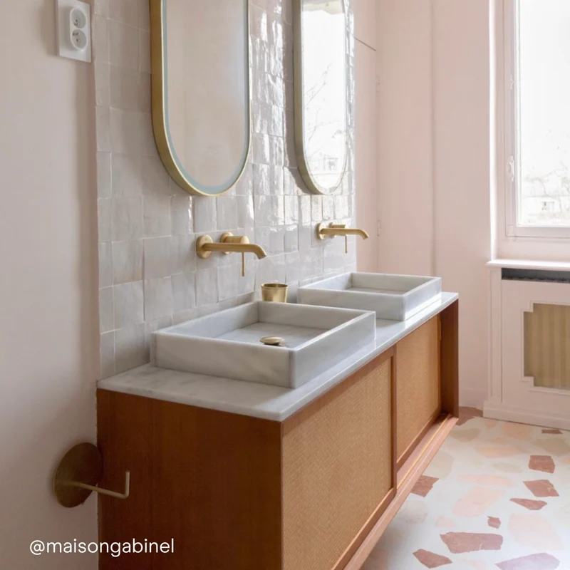 Mueble de baño vintage - Lavabo de Mármol Blanco - Teca-Ratán (150 cm) - Nestor
