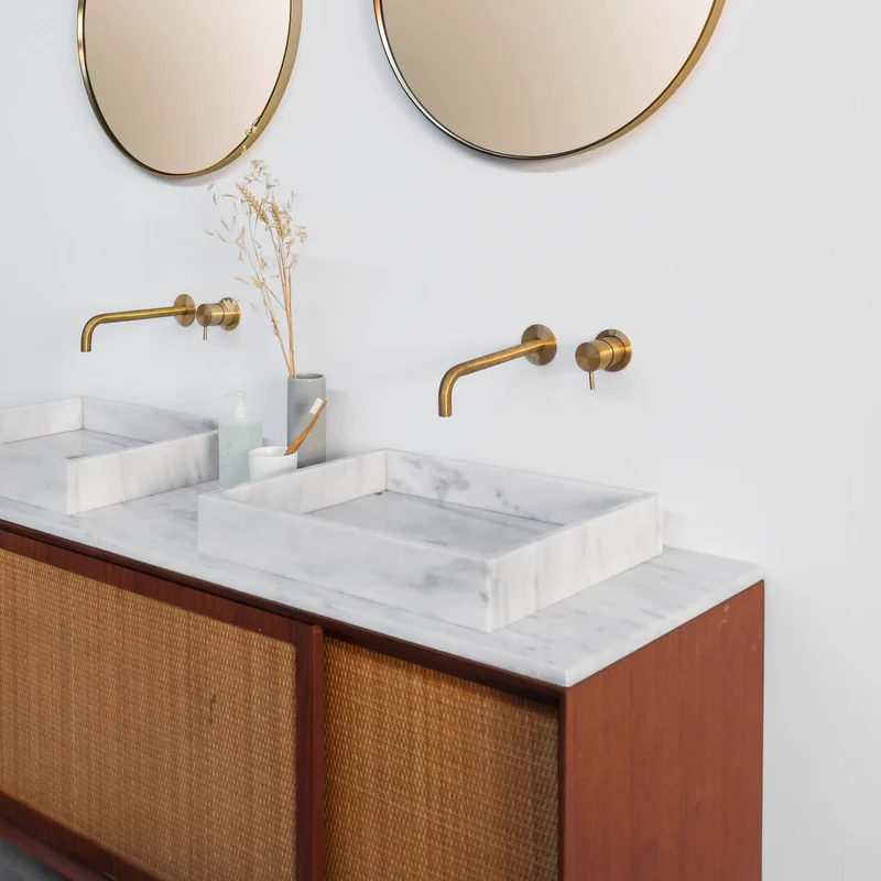 Mueble de baño vintage - Lavabo de Mármol Blanco - Teca-Ratán (150 cm) - Nestor