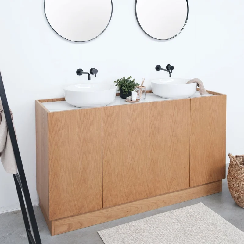 Mueble de baño escandinavo Roble - Cerámica blanca - Alexis 2 - (154cm) - Felix