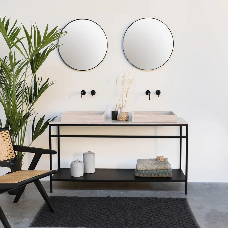 Mueble de baño industrial - Estructura de acero negro - Mármol beige (150 cm) - Jules