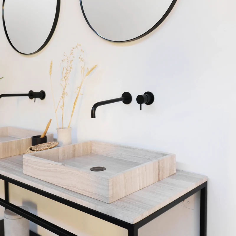 Mueble de baño industrial - Estructura de acero negro - Mármol beige (150 cm) - Jules