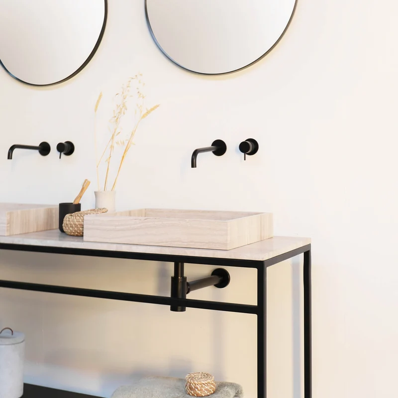 Mueble de baño industrial - Estructura de acero negro - Mármol beige (150 cm) - Jules