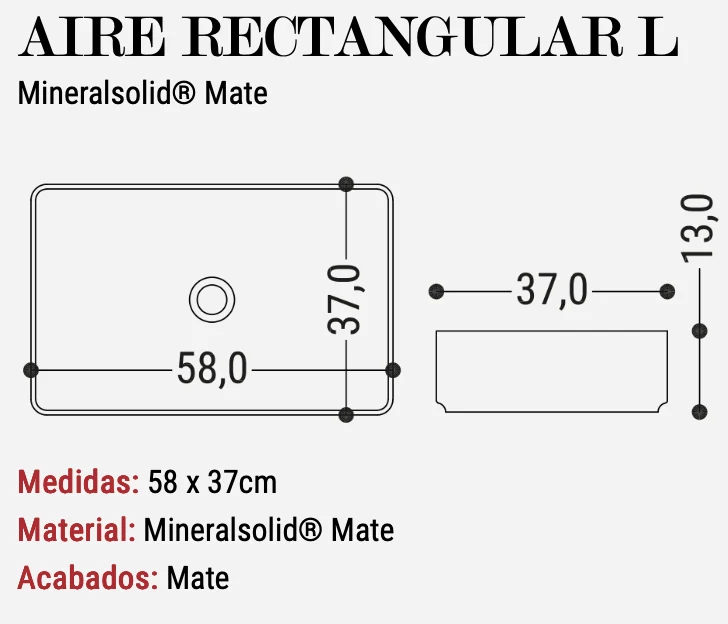 Lavabo Sobreencimera Aire Rectangular L 58x37cm Mate - Fabricación Española | Maderó Atelier