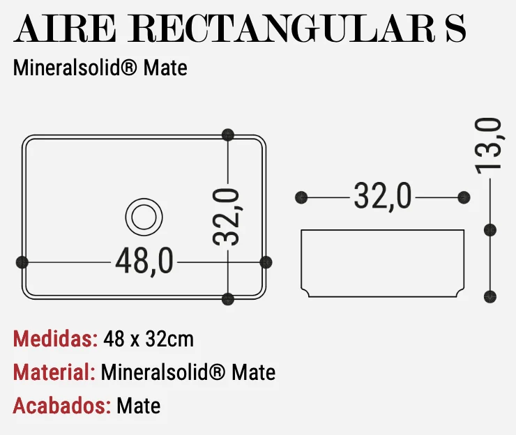 Lavabo Sobreencimera Aire Rectangular S 48x32cm Mate - Fabricación Española | Maderó Atelier